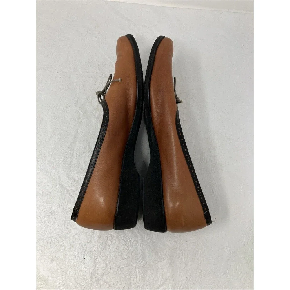 Vintage Ferragamo Shoes Womens 10 B Brown Black Trim Lace Up Oxford Flats Italy
